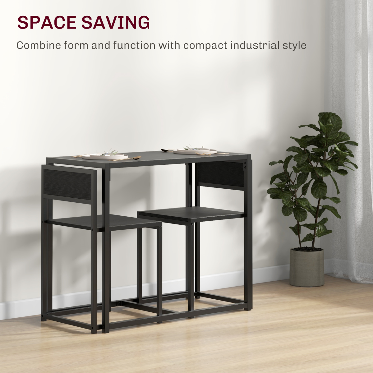 HOMCOM 3 Piece Dining Table Set with Metal Frame, Black