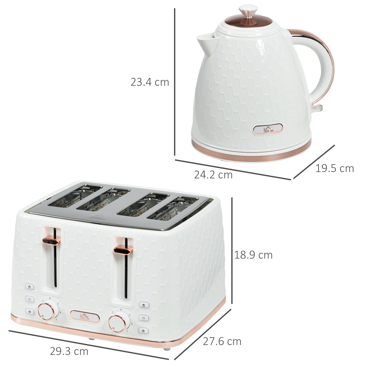 HOMCOM 1.7L Kettle & 4-Slice Toaster Set, Defrost Reheat, Crumb Tray, White