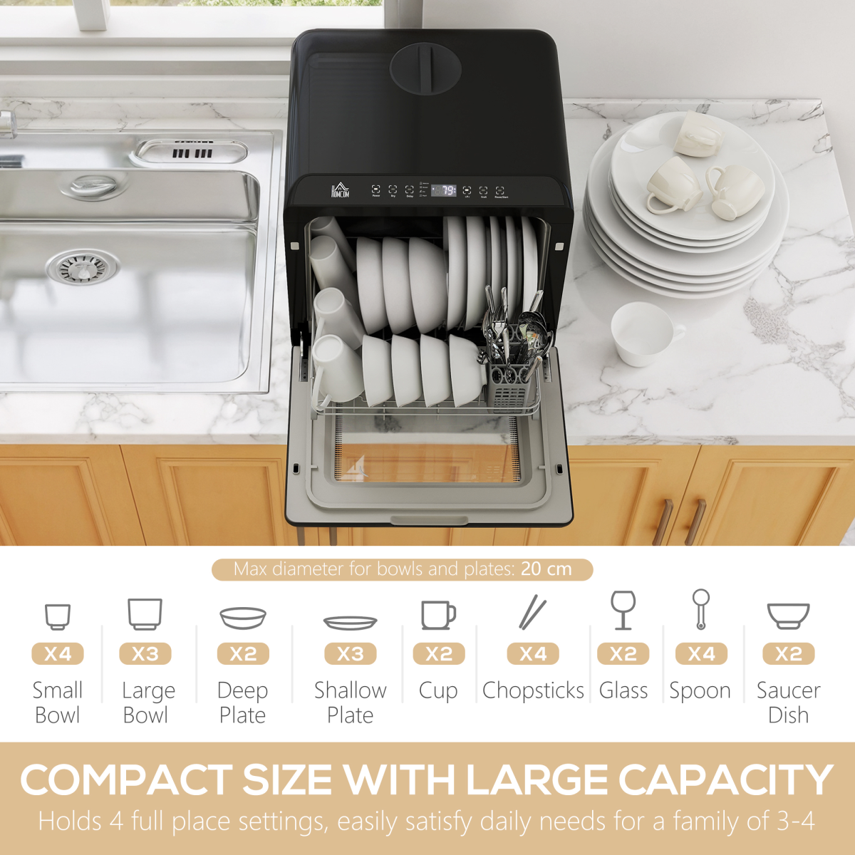 HOMCOM Countertop Dishwasher 4 Place Settings Dual Water Supply 6 Programs Black