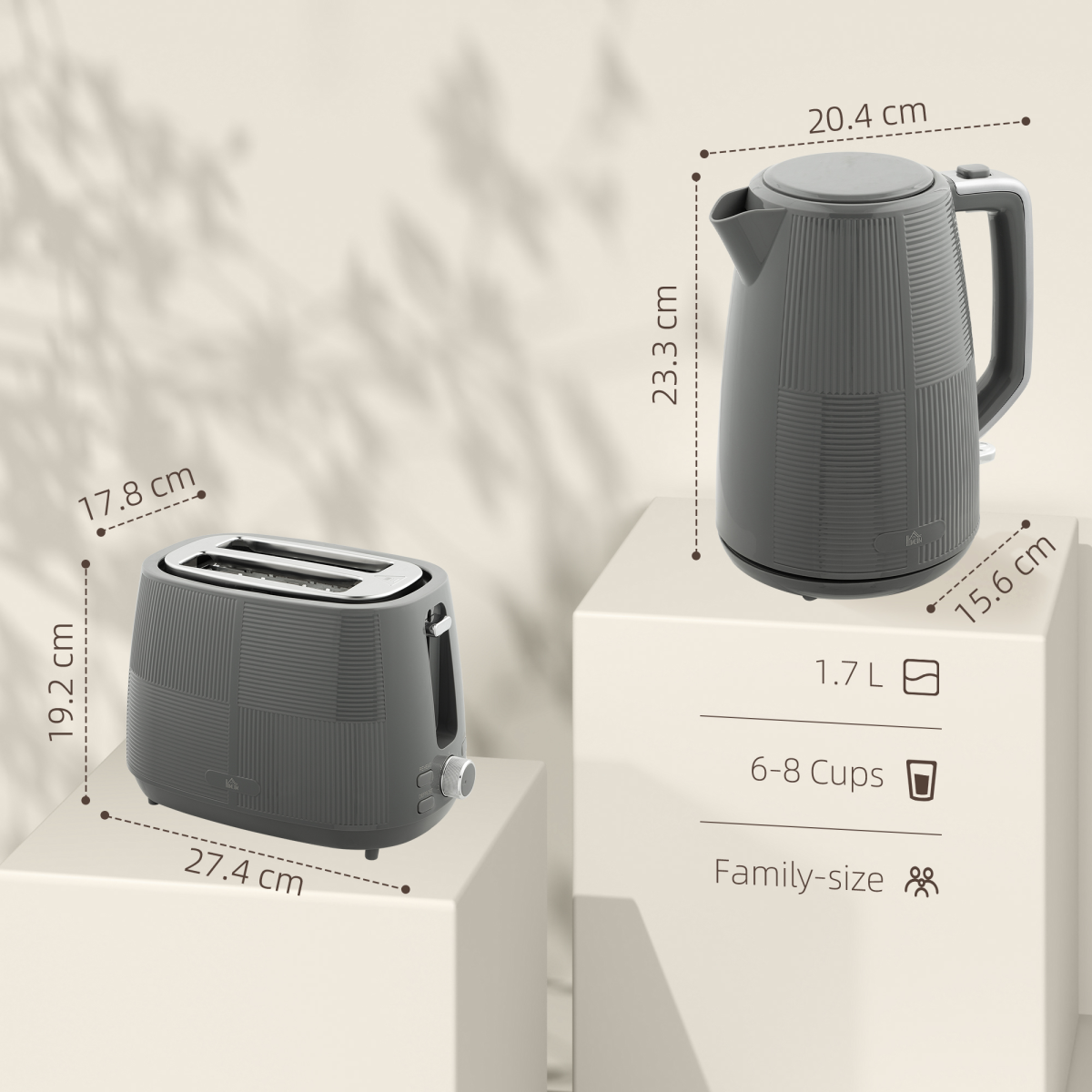 HOMCOM 1.7L Fast Boil Kettle & 2 Slice Toaster Set Grey Silver, BPA Free