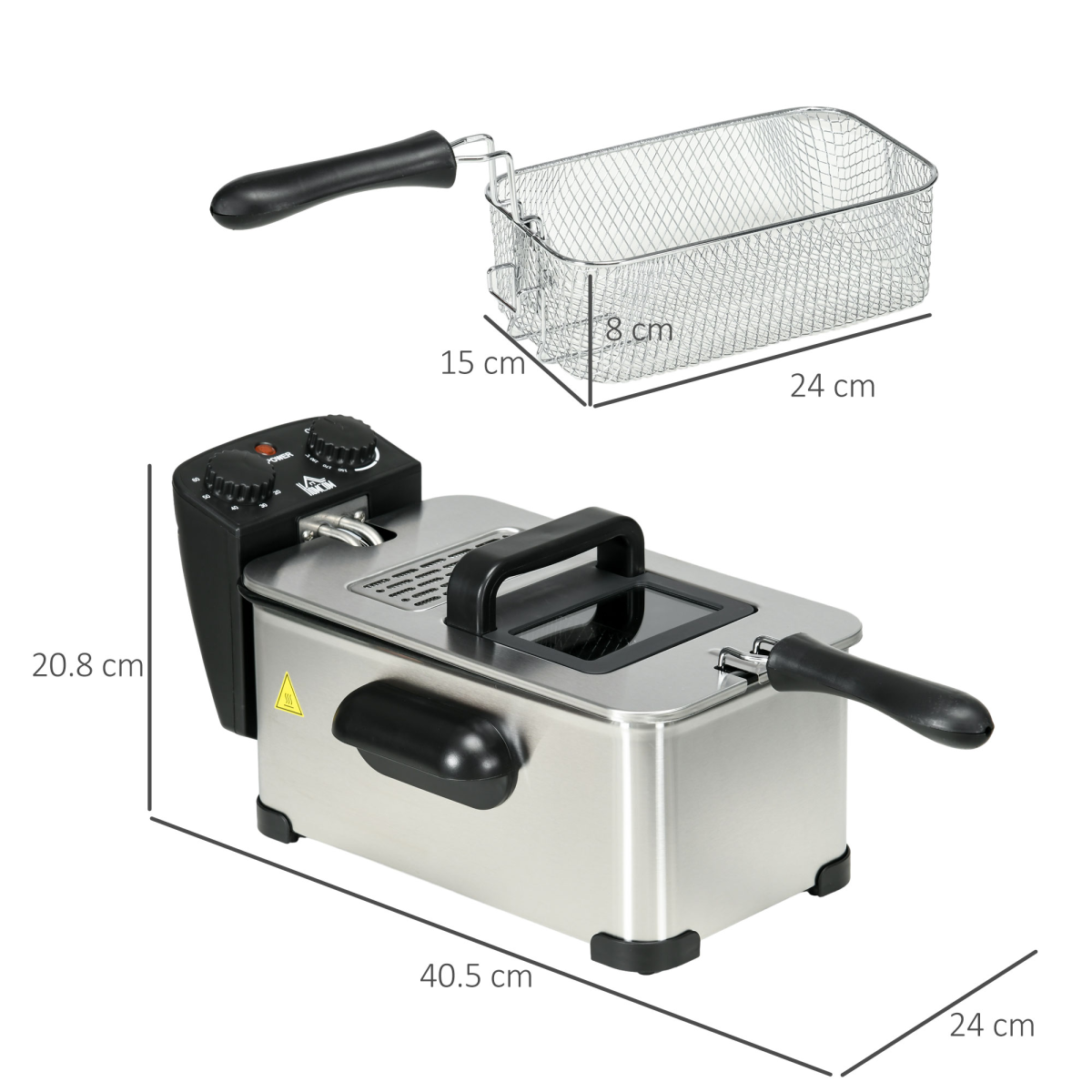 HOMCOM 3L Deep Fat Fryer 2000W Adjustable Thermostat 60min Timer Glass Lid