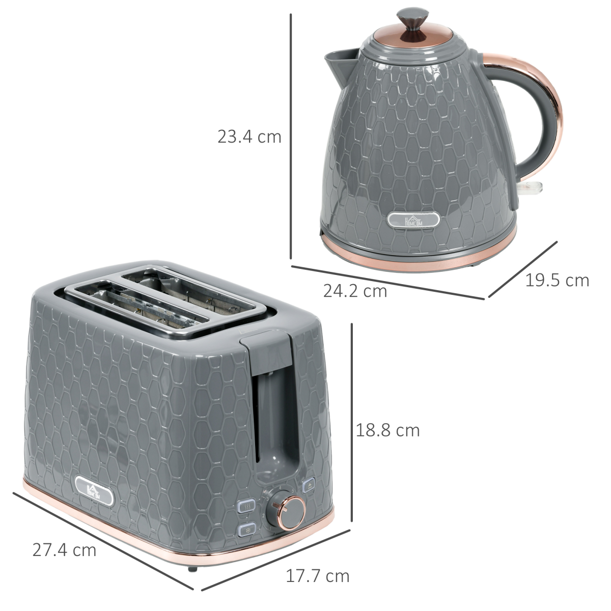HOMCOM 1.7L Kettle & 2 Slice Toaster Set Fast Boil Honeycomb Grey UK
