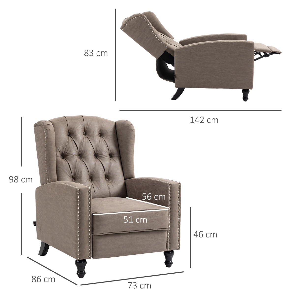 HOMCOM Brown Marble Effect Manual Reclining Armchair w Footrest Studs 150kg