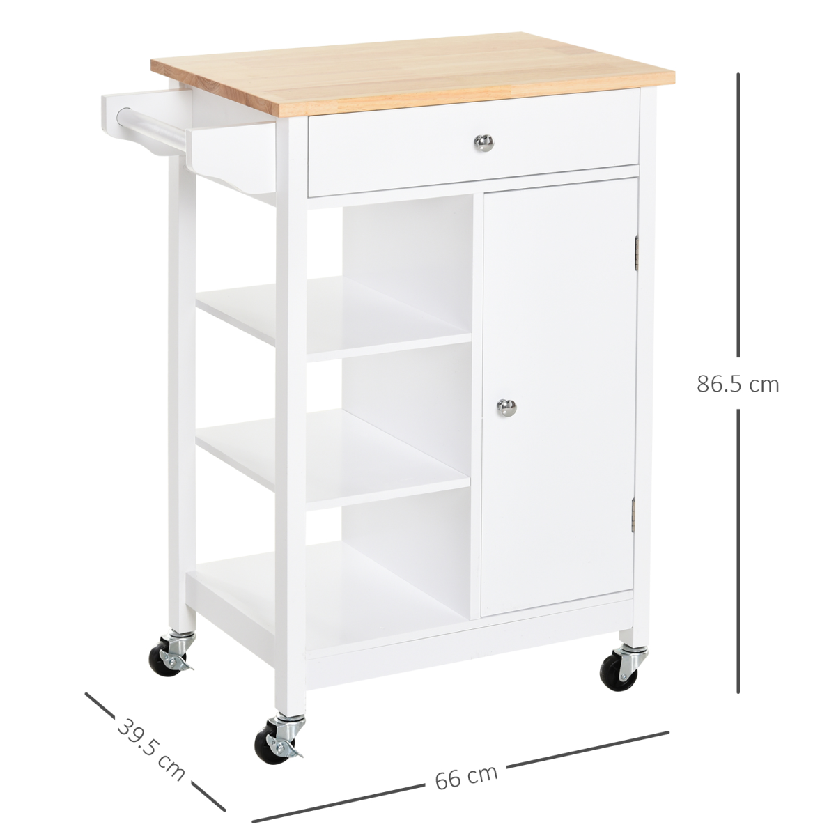 MDF Kitchen Storage Trolley White, 1 Drawer, 3 Shelves, Cabinet & Rails, Wheels