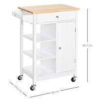 MDF Kitchen Storage Trolley White, 1 Drawer, 3 Shelves, Cabinet & Rails, Wheels