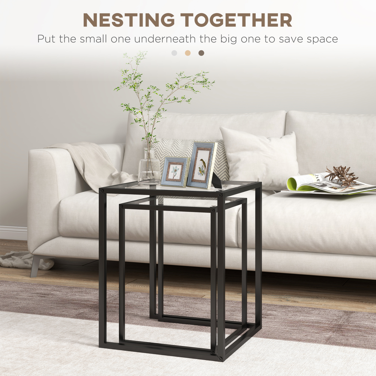 HOMCOM Nesting Tables Set of 2, End Table with Tempered Glass Top, Black