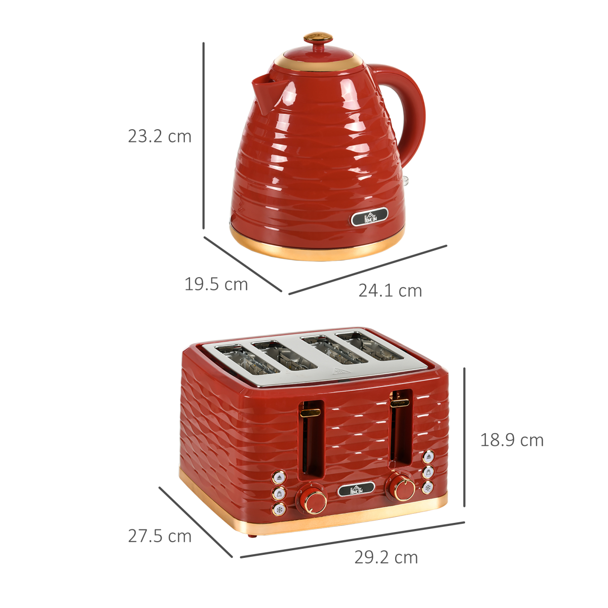 HOMCOM Red 1.7L Rapid Boil Kettle & 4 Slice Toaster Set Pebbled Design UK