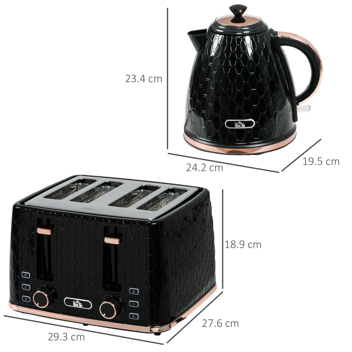 HOMCOM 1.7L Kettle & 4-Slice Toaster Set, Defrost Reheat Auto-Centres Black