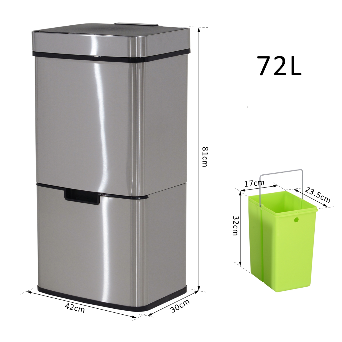 HOMCOM Motion Sensor Rubbish Bin 72L 3 Compartments Stainless Steel Look Lid