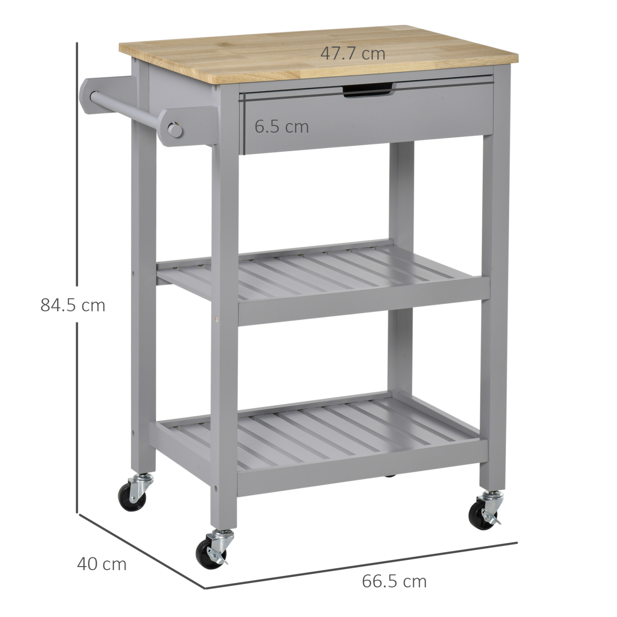 Kitchen Trolley Utility Cart on Wheels, Rubberwood Top, Towel Rack, Drawer, Shelves