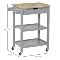Kitchen Trolley Utility Cart on Wheels, Rubberwood Top, Towel Rack, Drawer, Shelves