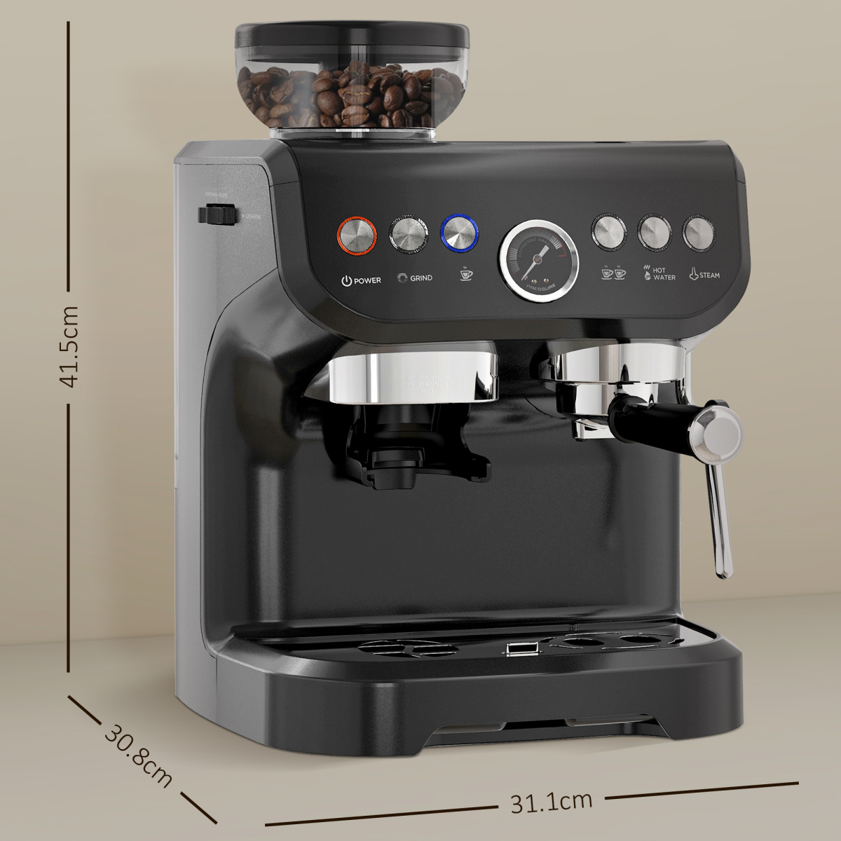 15 Bar Espresso Coffee Machine Black w/ Integrated Bean Grinder & Steam Wand