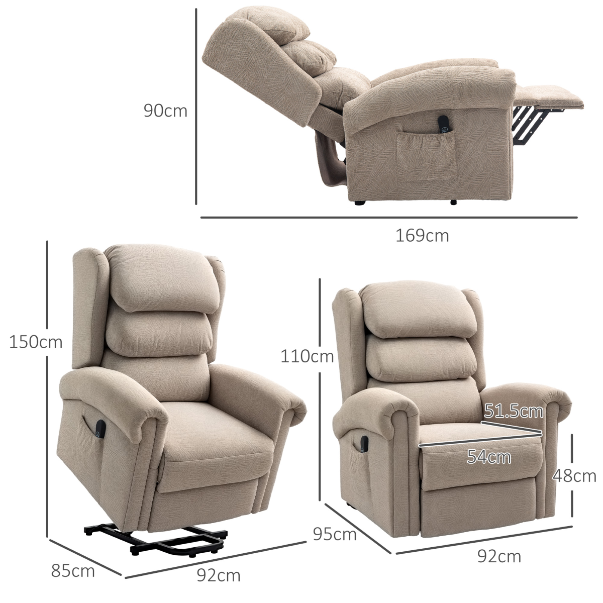 HOMCOM Power Lift Recliner Chair Elderly Remote Control Khaki 150° 135kg