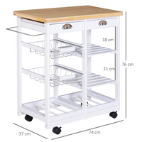 Kitchen Island Trolley 74W x 37D x 76Hcm White Pine Worktop 6-Bottle Wine Rack