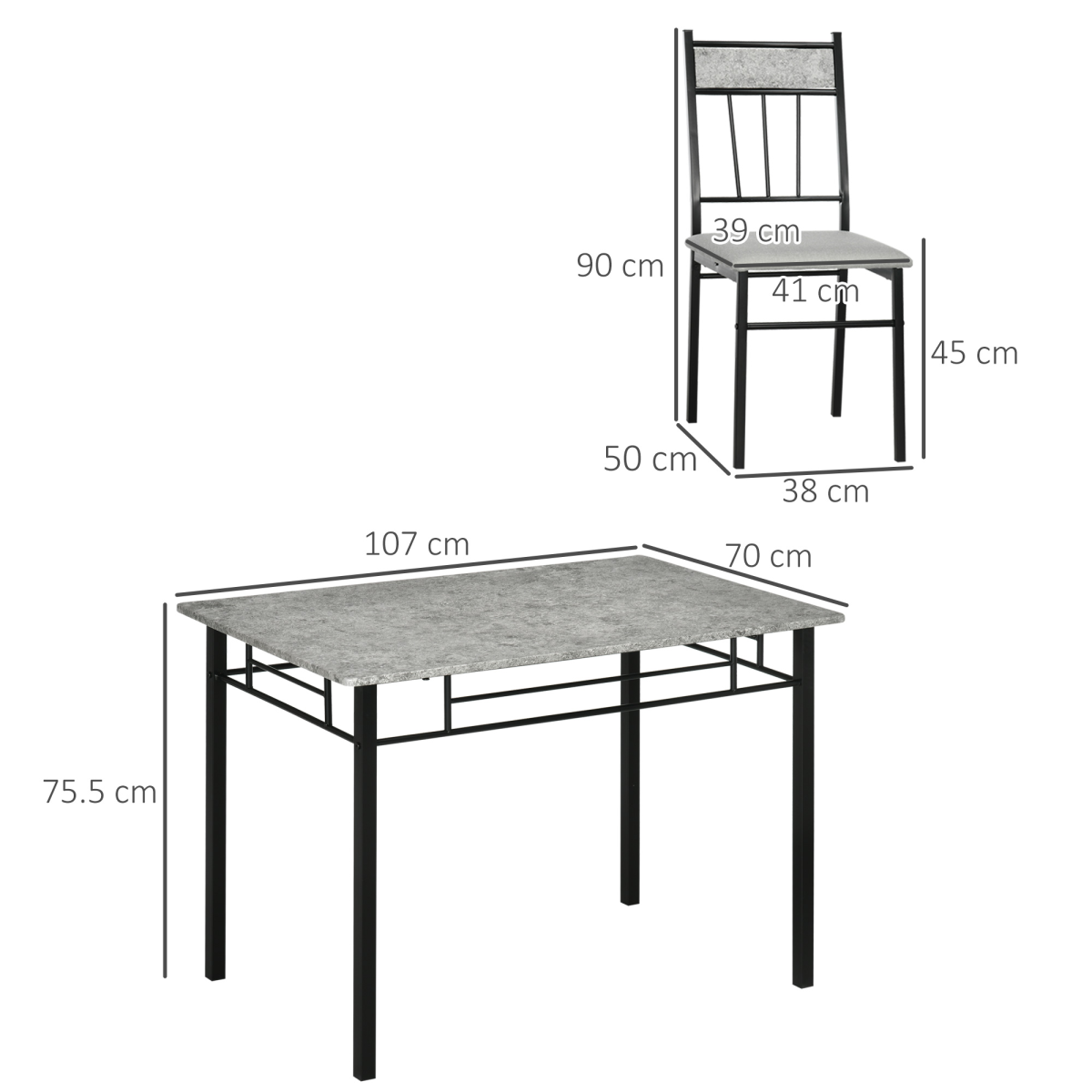 HOMCOM 5-Piece Dining Table Set 4 Chairs Marble-Effect, Padded Seats, Light Grey