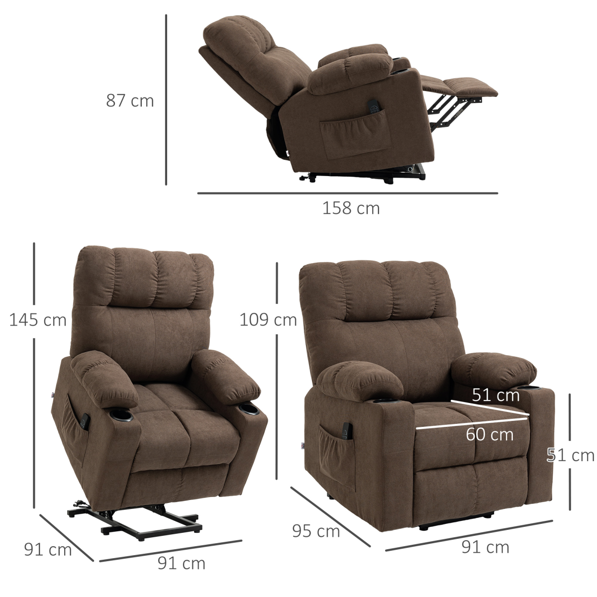 HOMCOM Heavy Duty Riser Recliner Lift Chair for Elderly, Remote, Brown 150kg