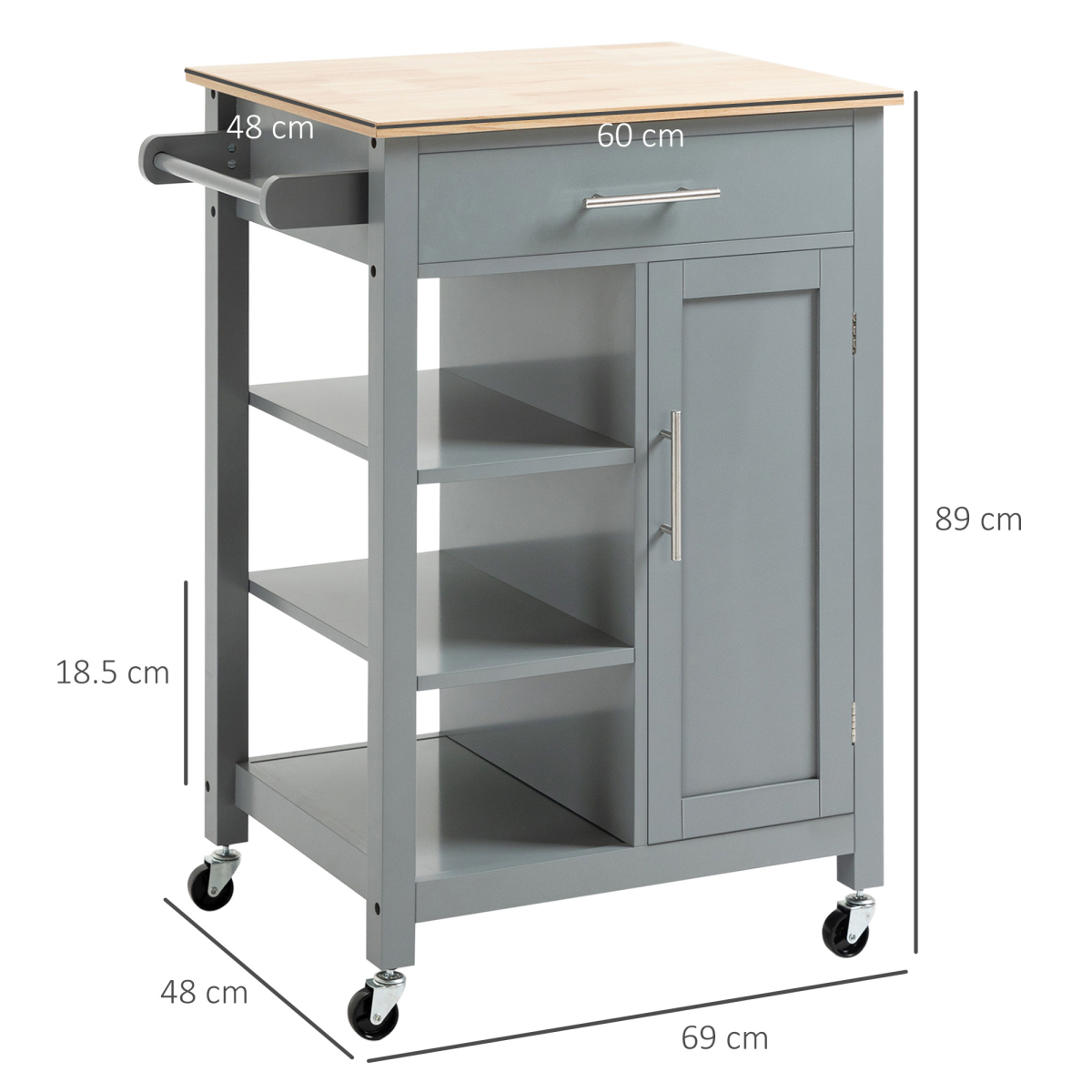 Kitchen Trolley Utility Cart on Wheels Grey with Drawer & Open Shelf Storage