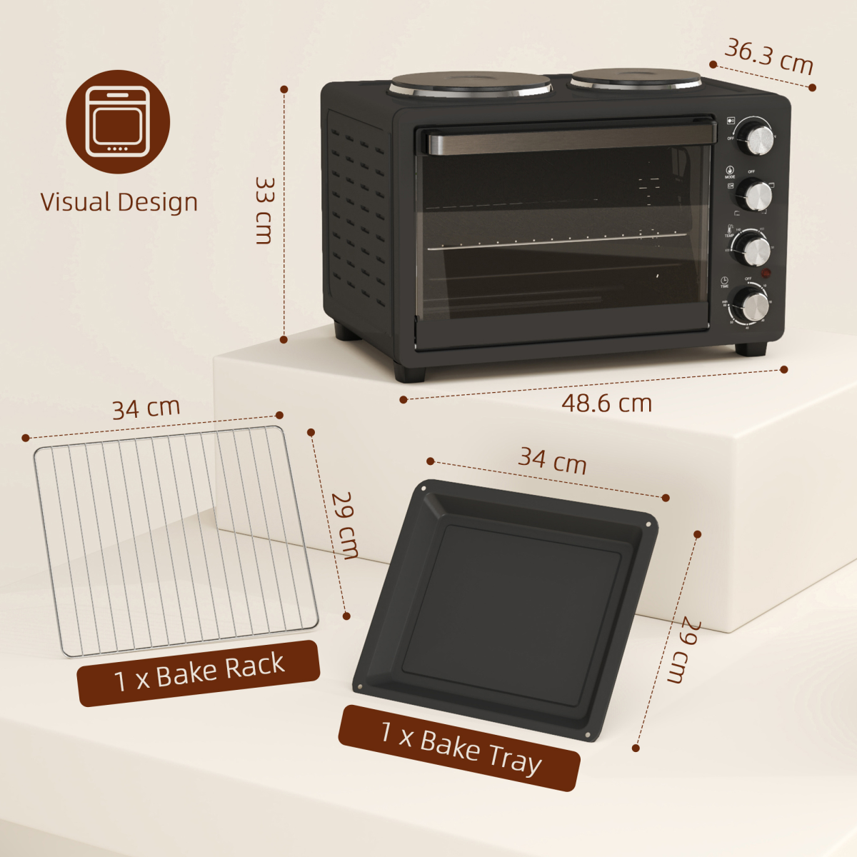 HOMCOM 28L Toaster Oven 2 Hot Plates Grill Roast Bake Countertop 2600W Black