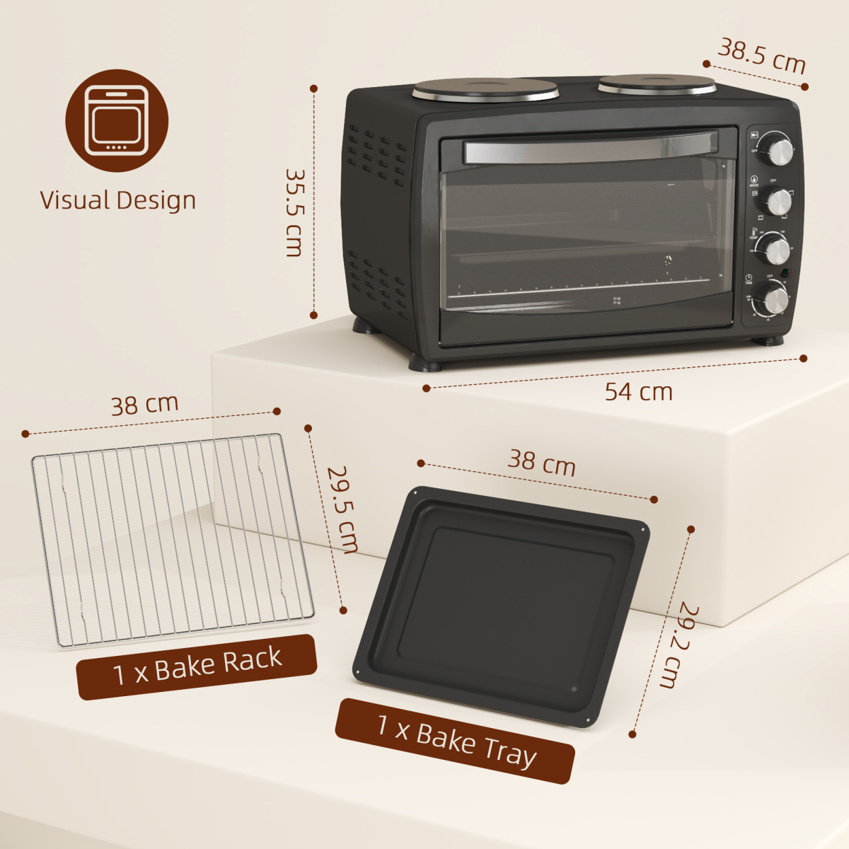 HOMCOM 36L Toaster Oven 2 Hot Plates 2600W Grill Roast Bake with Timer Black UK
