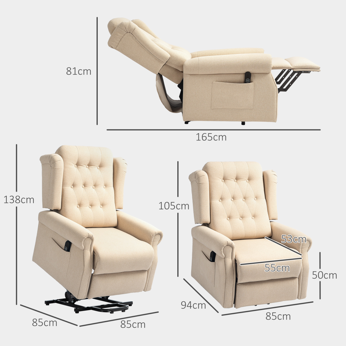 HOMCOM Power Lift Recliner Armchair Wingback Button Tufted Beige 135kg Electric Lift