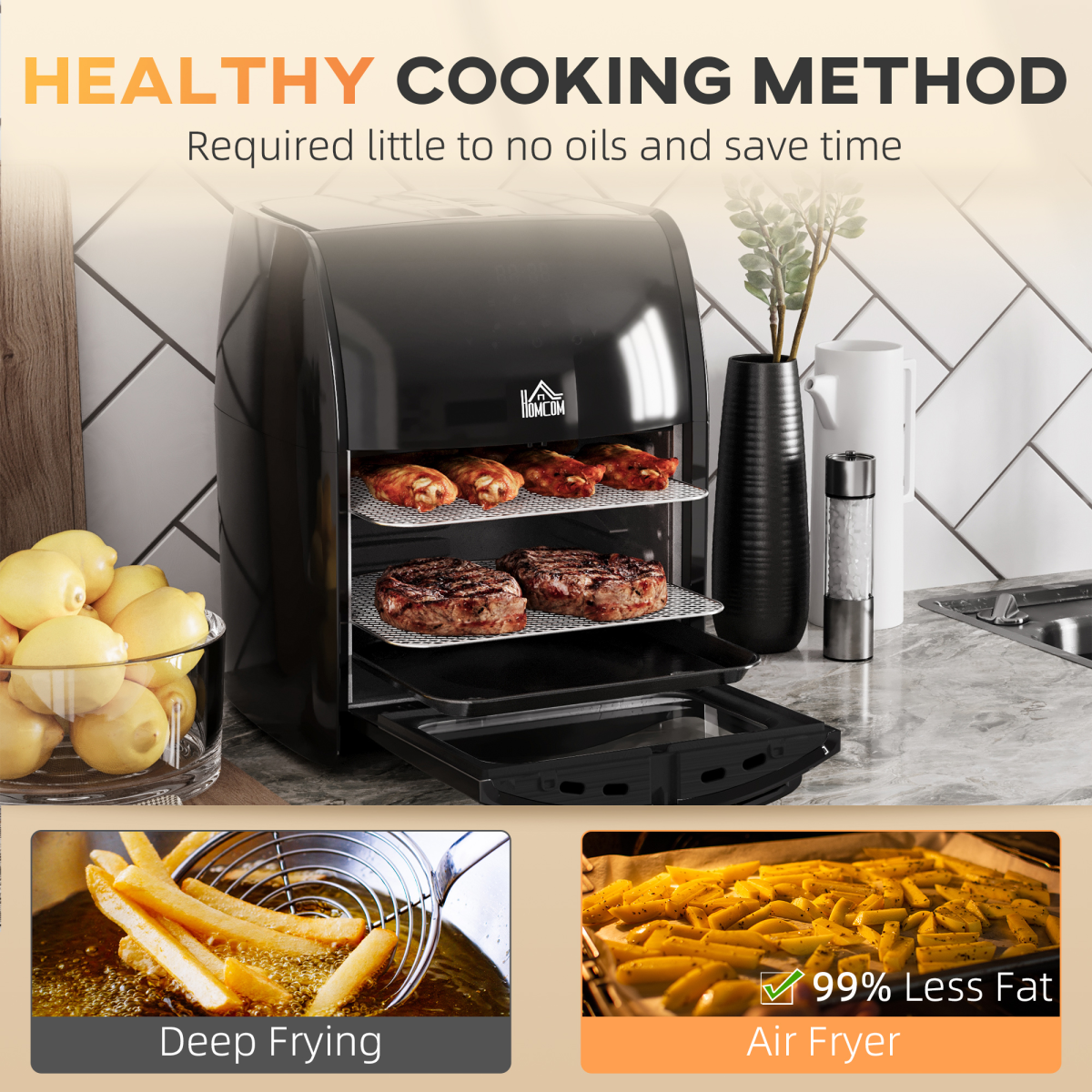 HOMCOM 12L Air Fryer Oven 8 Presets 1800W Rapid Air Circulation Rotisserie Black