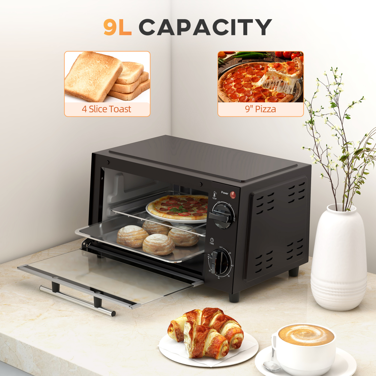 Mini Oven 9L Toaster Oven 750W Countertop Electric Grill 100-230°C Timer