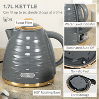 HOMCOM 1.7L Kettle & 4-Slice Toaster Set, Rapid Boil, Grey, 7 Browning Levels