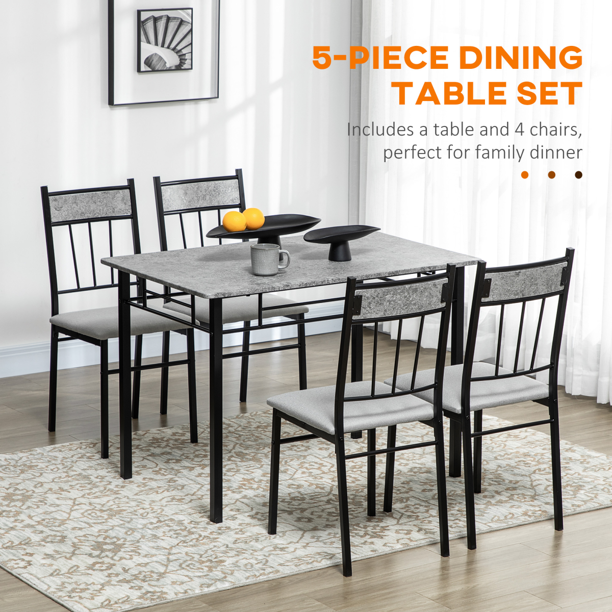 HOMCOM 5-Piece Dining Table Set 4 Chairs Marble-Effect, Padded Seats, Light Grey