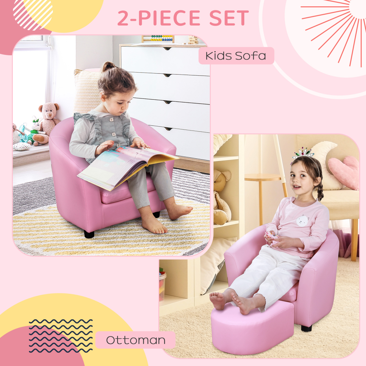 HOMCOM Kids Mini Sofa Armchair with Ottoman, Playroom Bedroom, Pink & Black 45kg