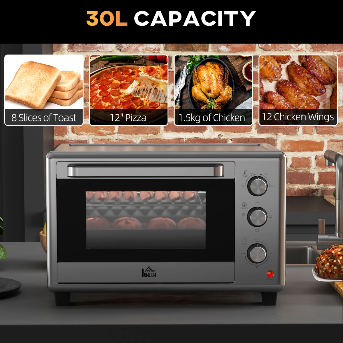 HOMCOM 30L Mini Oven 1600W Silver Adjustable Thermostat Timer 60 Min 3 Heat