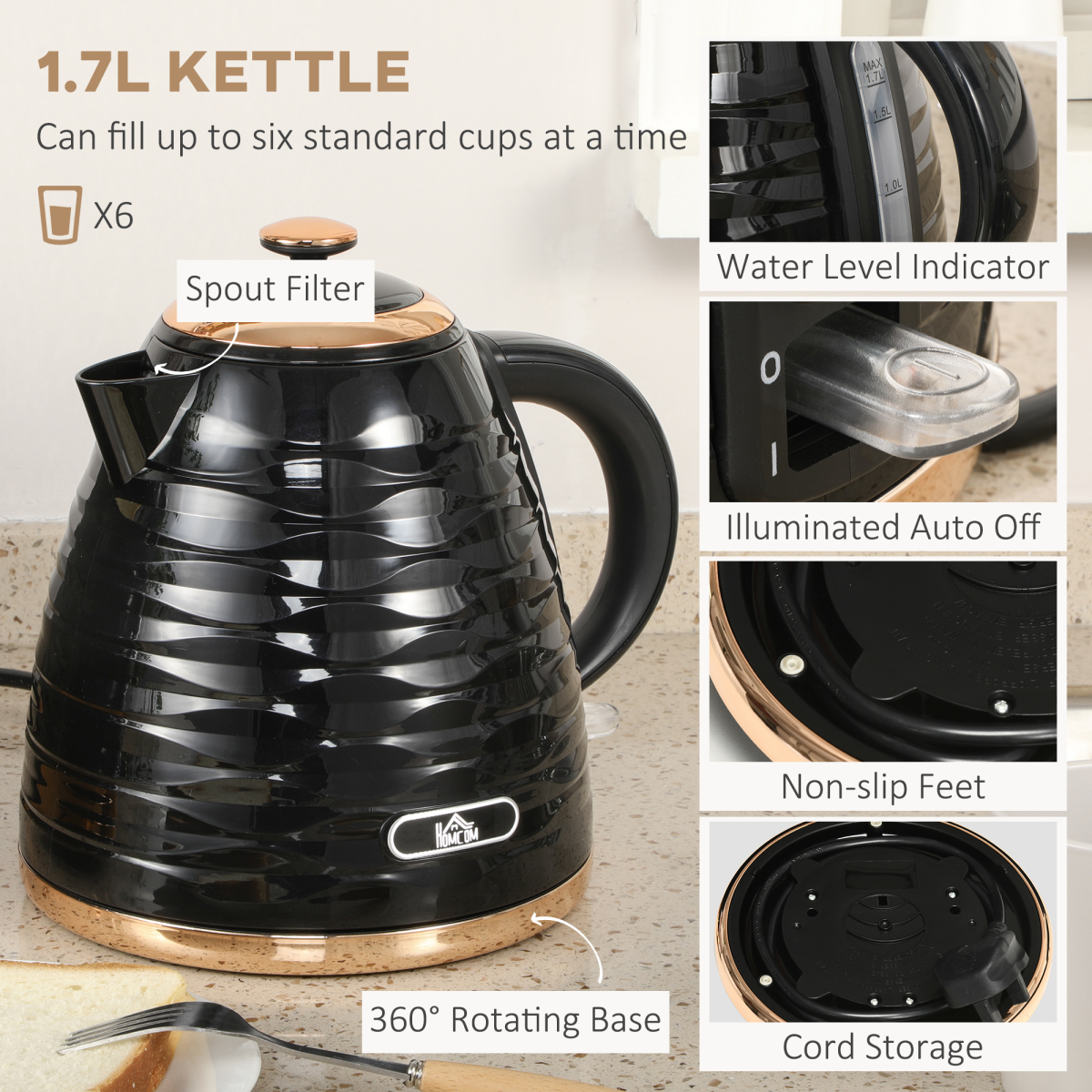 HOMCOM Electric Kettle Toaster Set 1.7L Rapid Boil 4 Slice Black UK Plug
