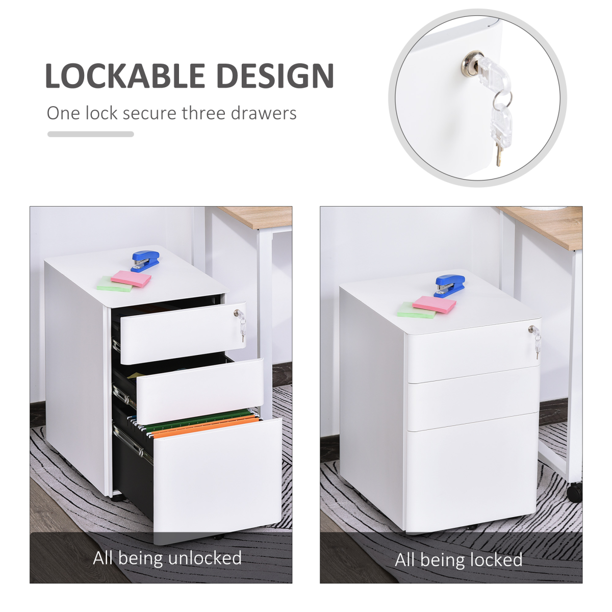 3 Drawer Metal Filing Cabinet Lockable 4 Wheels Compact Under Desk White
