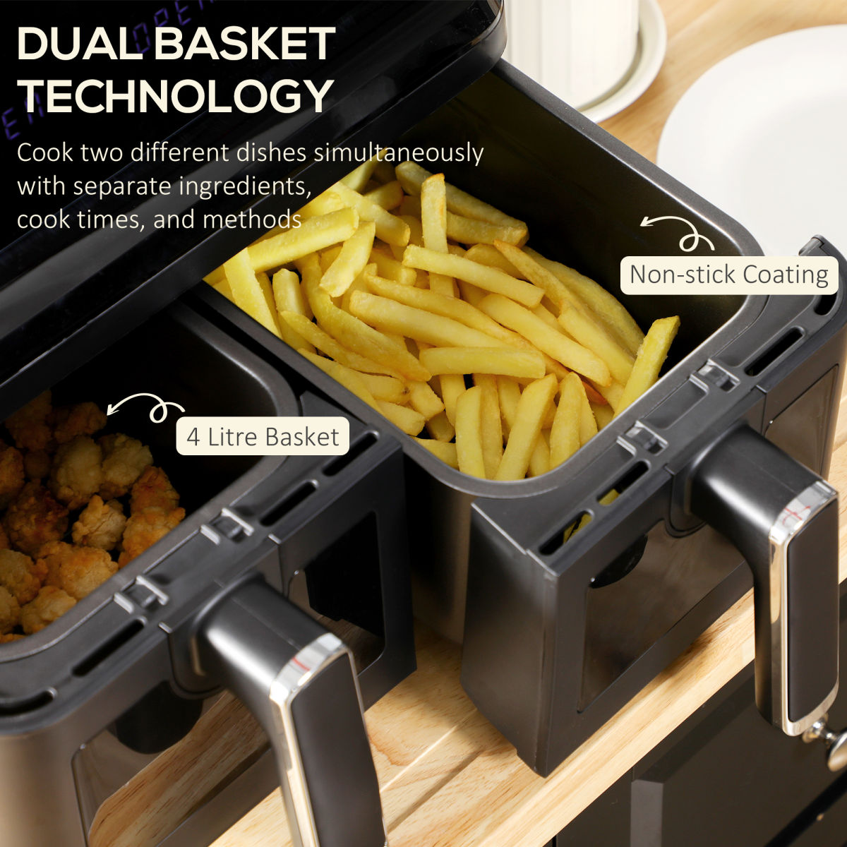 Dual Air Fryer 8L 2 Baskets 8 Presets Timer 2500W Cookbook Non-stick UK Plug
