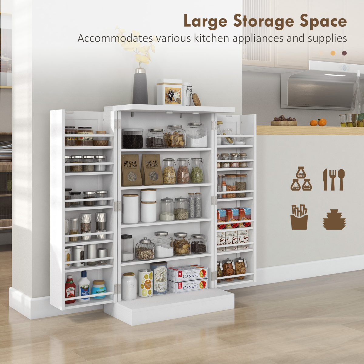 HOMCOM White Kitchen Cupboard Double Doors 5-Tier Shelf 12 Spice Racks