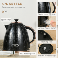 HOMCOM 1.7L Kettle & 4-Slice Toaster Set, Defrost Reheat Auto-Centres Black