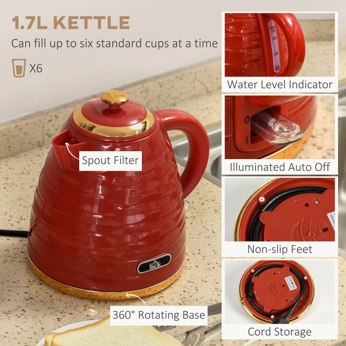 HOMCOM Red 1.7L Rapid Boil Kettle & 4 Slice Toaster Set Pebbled Design UK