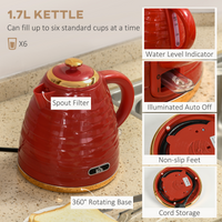 HOMCOM Red 1.7L Rapid Boil Kettle & 4 Slice Toaster Set Pebbled Design UK
