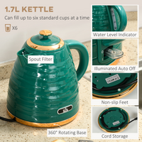 HOMCOM 1.7L Kettle & 4-Slice Toaster Set Rapid Boil Green Pebbled Design UK