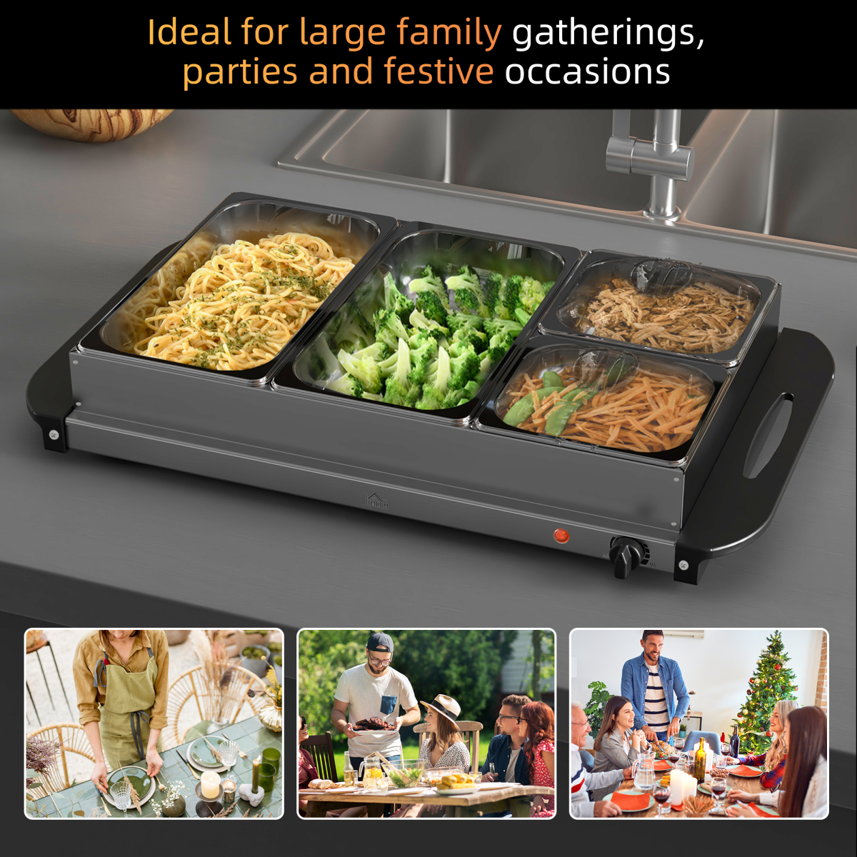 HOMCOM 4 Tray Electric Food Warmer Buffet Server Adjustable Temp 58-85°C 300W