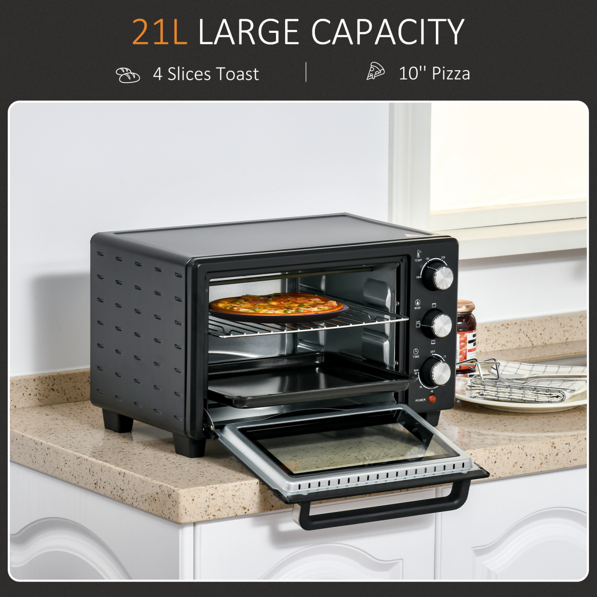 Mini Oven 21L 1400W, Grill Toaster Timer, 0-60min, Tray & Wire Rack