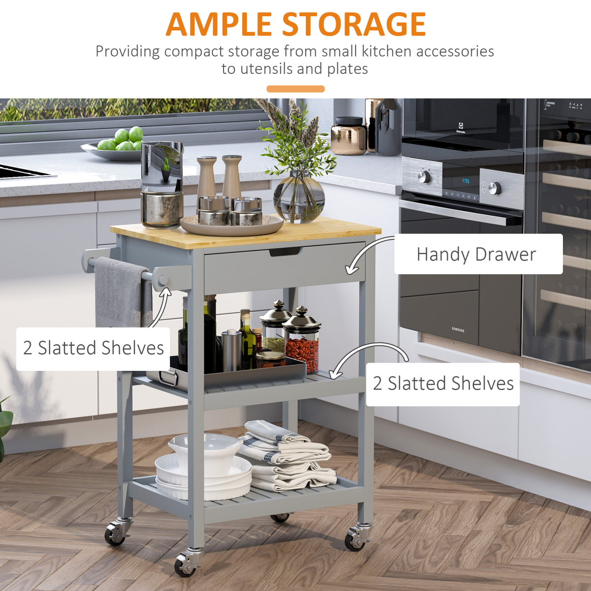 Kitchen Trolley Utility Cart on Wheels, Rubberwood Top, Towel Rack, Drawer, Shelves