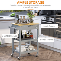 Kitchen Trolley Utility Cart on Wheels, Rubberwood Top, Towel Rack, Drawer, Shelves