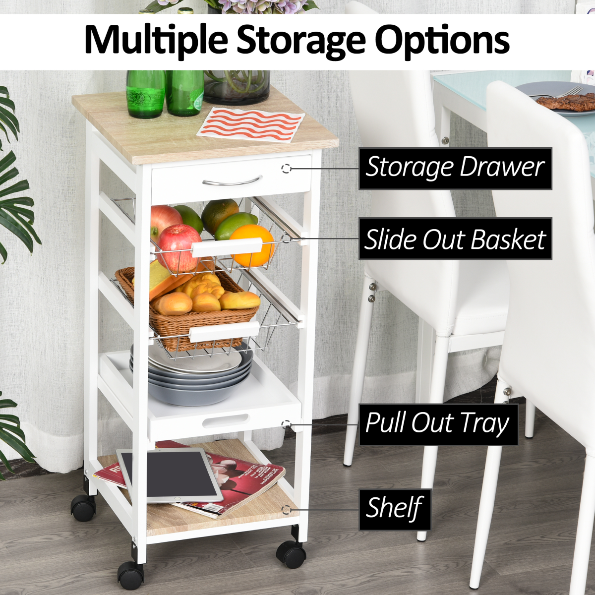 MDF Kitchen Storage Trolley 5-Tier White Pine Frame Drawer 2 Wire Baskets Wheels