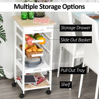 MDF Kitchen Storage Trolley 5-Tier White Pine Frame Drawer 2 Wire Baskets Wheels