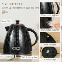 HOMCOM 1.7L Kettle & 2-Slice Toaster Set Fast Boil Auto Pop-Up Black