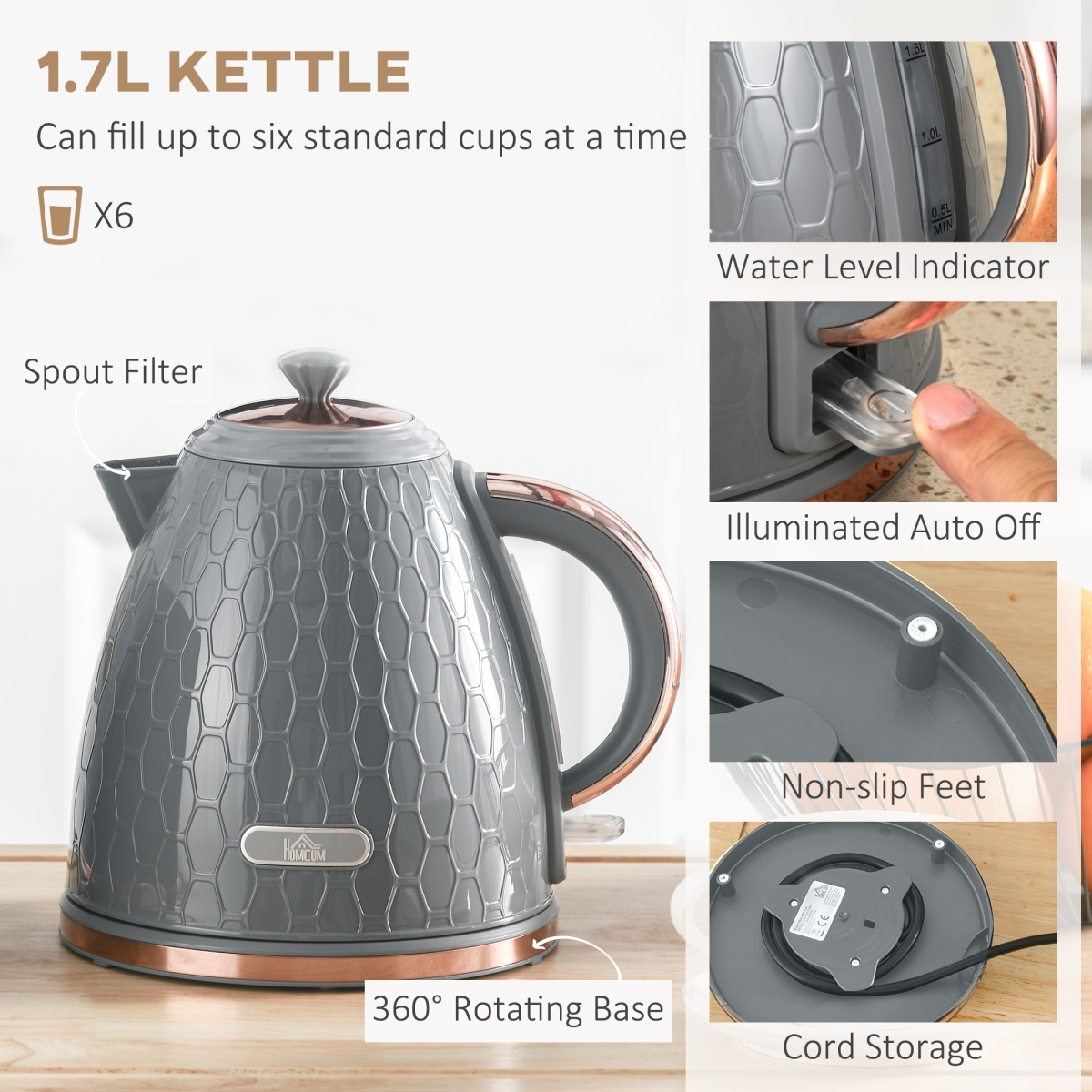HOMCOM 1.7L Kettle & 2 Slice Toaster Set Fast Boil Honeycomb Grey UK
