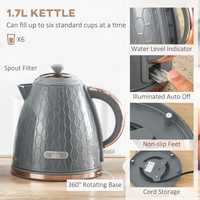 HOMCOM 1.7L Kettle & 2 Slice Toaster Set Fast Boil Honeycomb Grey UK