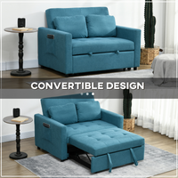 HOMCOM 2 Seater Sofa Bed Convertible Click-Clack Settee Blue w/ Cushions Pockets