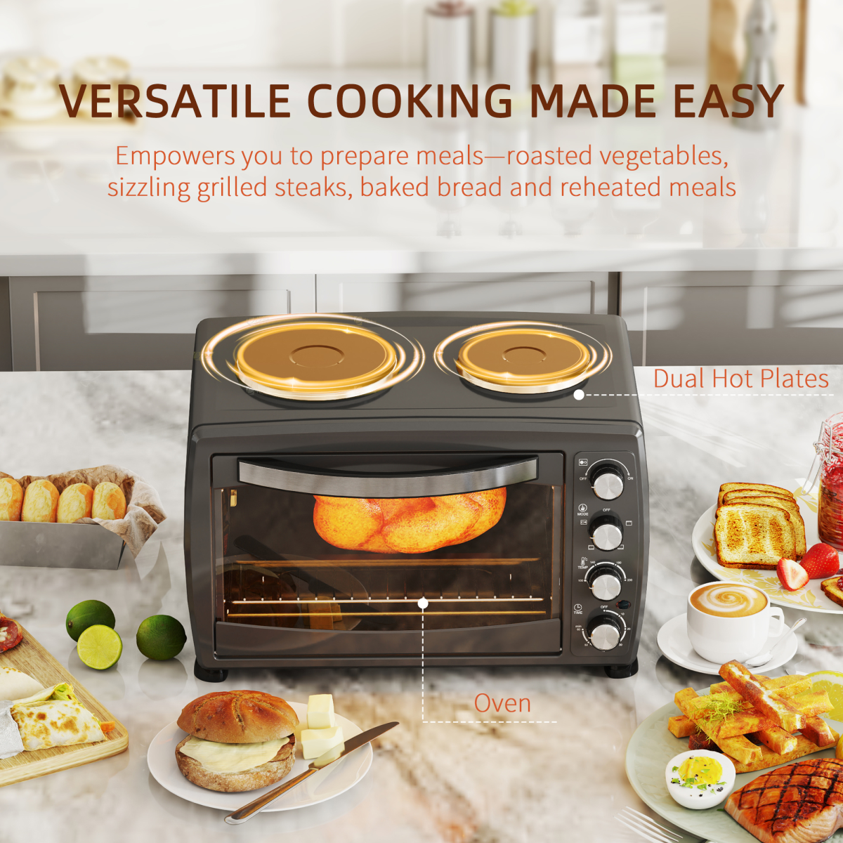 HOMCOM 36L Toaster Oven 2 Hot Plates 2600W Grill Roast Bake with Timer Black UK