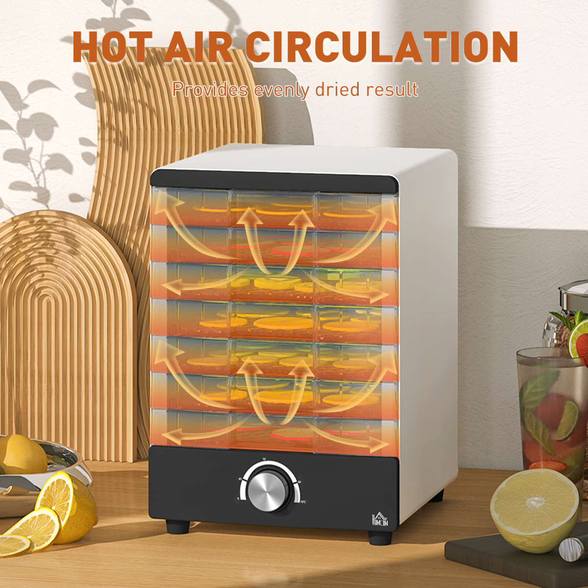 HOMCOM Food Dehydrator 7 Tray Stainless Steel Hot Air Dryer 40-70°C Fruit Meat White